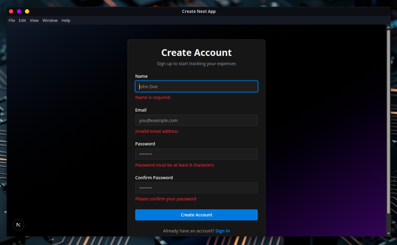Sign up page